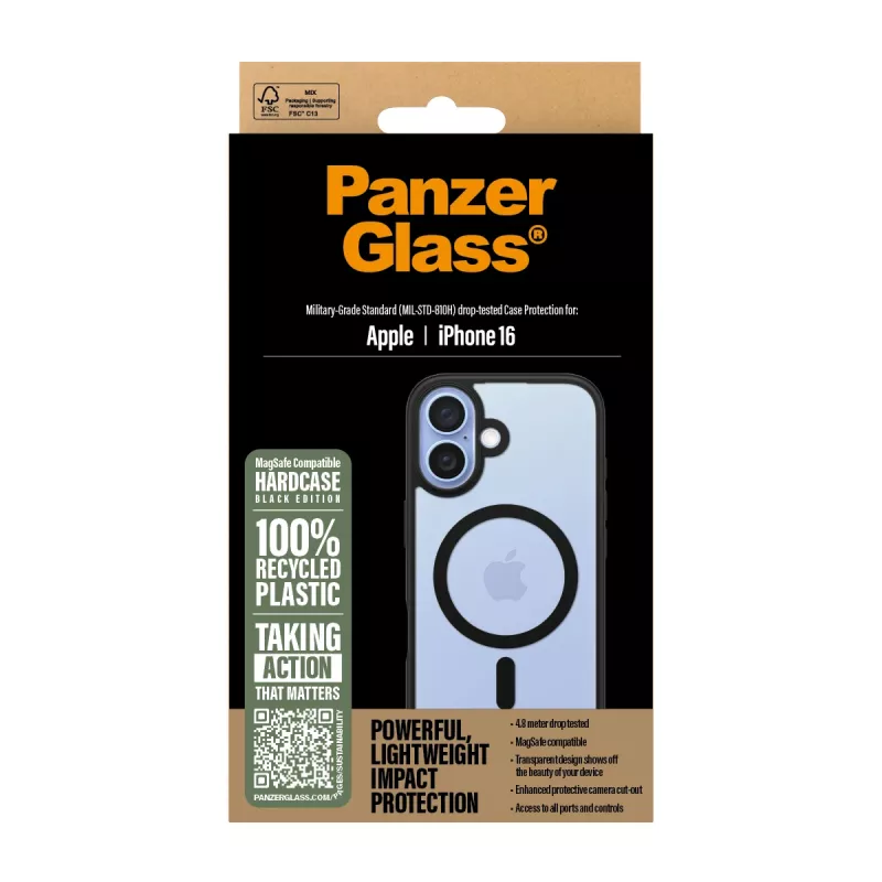 PanzerGlass ® HardCase przezroczysty z czarną ramką MagSafe do iPhone 16