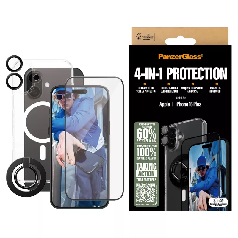PanzerGlass® 4-w-1 Zestaw Ochronny iPhone 16 Plus, Apple, Apple - iPhone 16 Plus, Sucha aplikacja, Odporny na zarysowania, Odporny na wstrząsy, Transparentny, 1 szt.