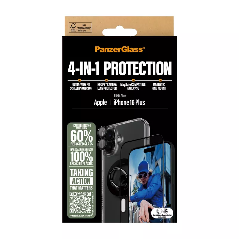 PanzerGlass® 4-w-1 Zestaw Ochronny iPhone 16 Plus, Apple, Apple - iPhone 16 Plus, Sucha aplikacja, Odporny na zarysowania, Odporny na wstrząsy, Transparentny, 1 szt.