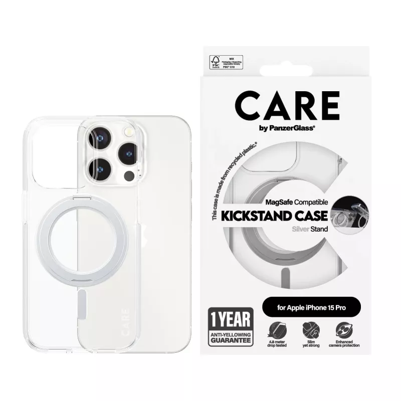 PanzerGlass CARE™ by ® Etui przezroczyste ze srebrną podstawką i MagSafe iPhone 15 Pro