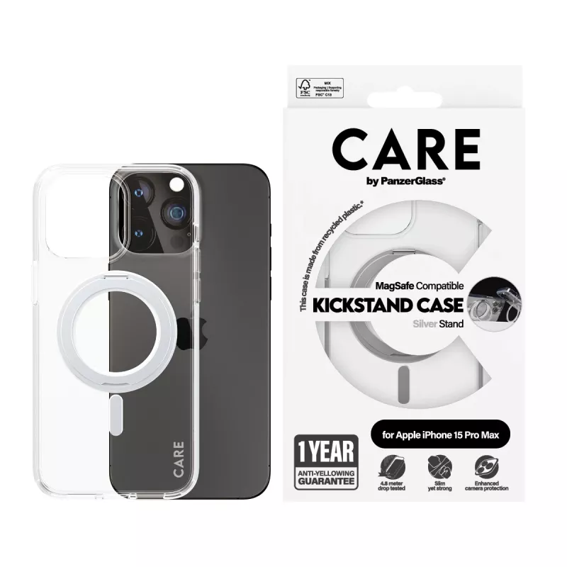 PanzerGlass CARE™ by ® Etui przezroczyste ze srebrną nóżką i MagSafe iPhone 15 Pro Max