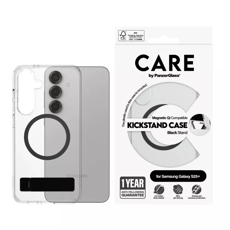PanzerGlass CARE™ by ® Przezroczyste etui z czarną podstawką i kompatybilnością Qi Samsung Galaxy S25+
