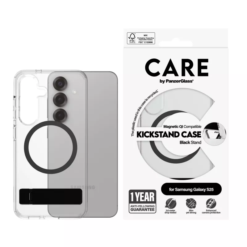 PanzerGlass CARE™ by ® etui przezroczysta z czarną podstawką i kompatybilne z Qi Samsung Galaxy S25
