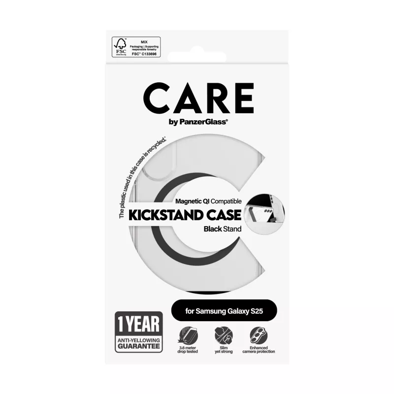 PanzerGlass CARE™ by ® etui przezroczysta z czarną podstawką i kompatybilne z Qi Samsung Galaxy S25
