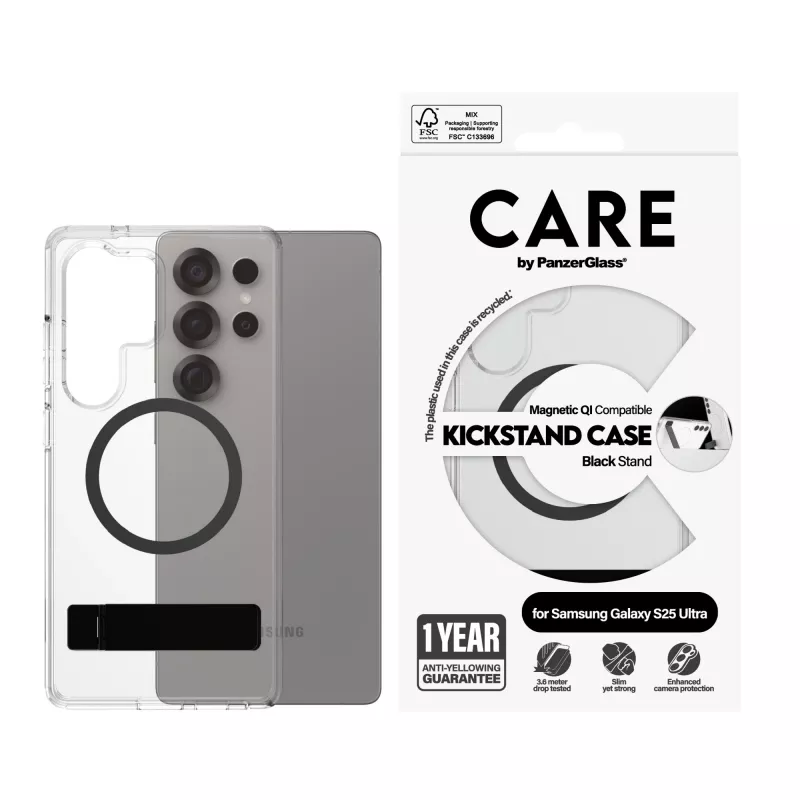 “PanzerGlass CARE™” by ”®” etui przezroczyste z czarną podstawką i kompatybilne z Qi “Samsung Galaxy S25 Ultra”