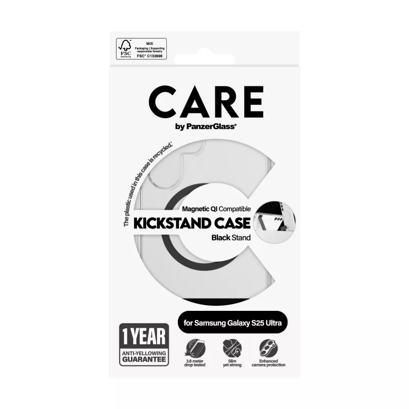 “PanzerGlass CARE™” by ”®” etui przezroczyste z czarną podstawką i kompatybilne z Qi “Samsung Galaxy S25 Ultra”
