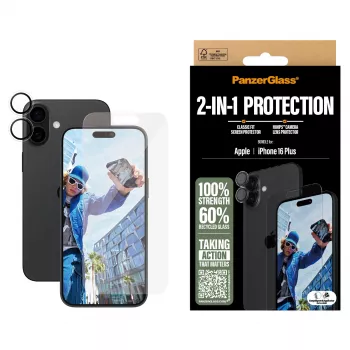 PanzerGlass ® 2-in-1 Bundle iPhone 16 Plus, Apple, Apple - iPhone 16 Plus, Aplikacja na sucho, Odporny na zarysowania, Odporny na wstrząsy, Przezroczysty, 1 szt.