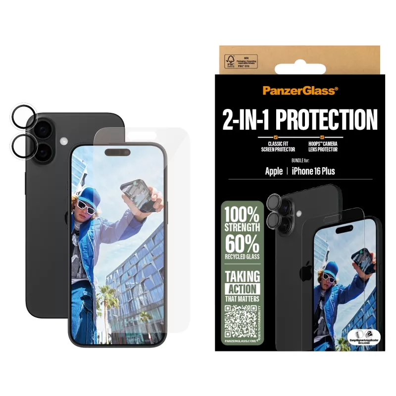 PanzerGlass ® 2-in-1 Bundle iPhone 16 Plus, Apple, Apple - iPhone 16 Plus, Aplikacja na sucho, Odporny na zarysowania, Odporny na wstrząsy, Przezroczysty, 1 szt.