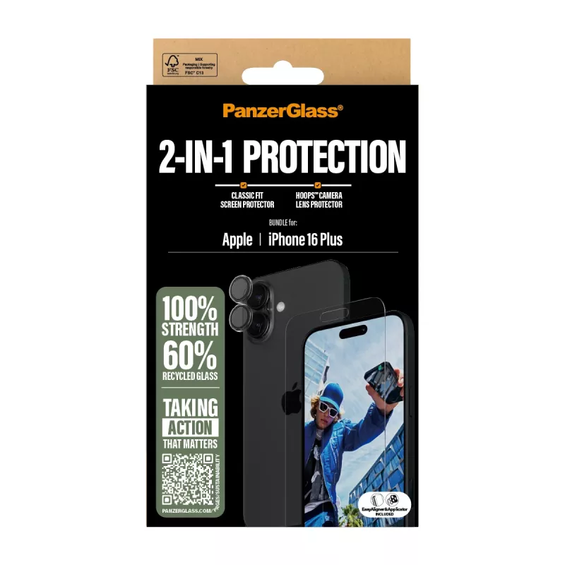 PanzerGlass ® 2-in-1 Bundle iPhone 16 Plus, Apple, Apple - iPhone 16 Plus, Aplikacja na sucho, Odporny na zarysowania, Odporny na wstrząsy, Przezroczysty, 1 szt.
