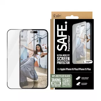PanzerGlass SAFE. by ® Screen Protection w. Czarny Frame iPhone 16 Plus | 15 Plus | Ultra-Wide Fit