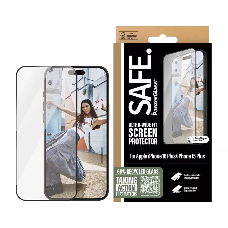 PanzerGlass SAFE. by ® Screen Protection w. Czarny Frame iPhone 16 Plus | 15 Plus | Ultra-Wide Fit