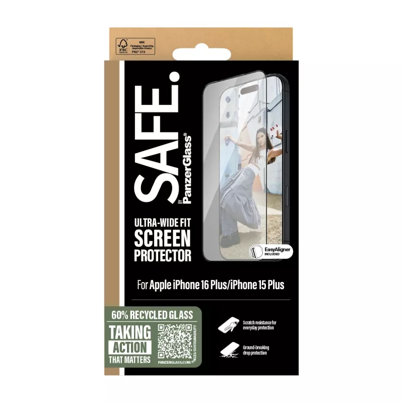 PanzerGlass SAFE. by ® Screen Protection w. Czarny Frame iPhone 16 Plus | 15 Plus | Ultra-Wide Fit