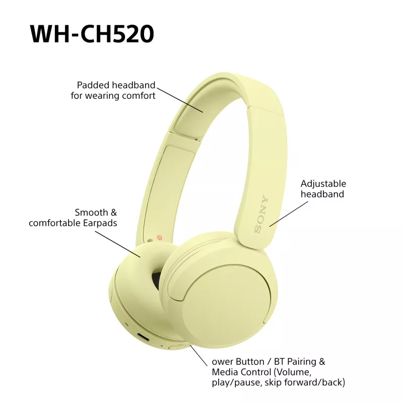 Sony WHCH520Y.CE7, Bezprzewodowe, Połączenia/Muzyka, 20–20000 Hz, 147 g, Zestaw słuchawkowy, Żółty