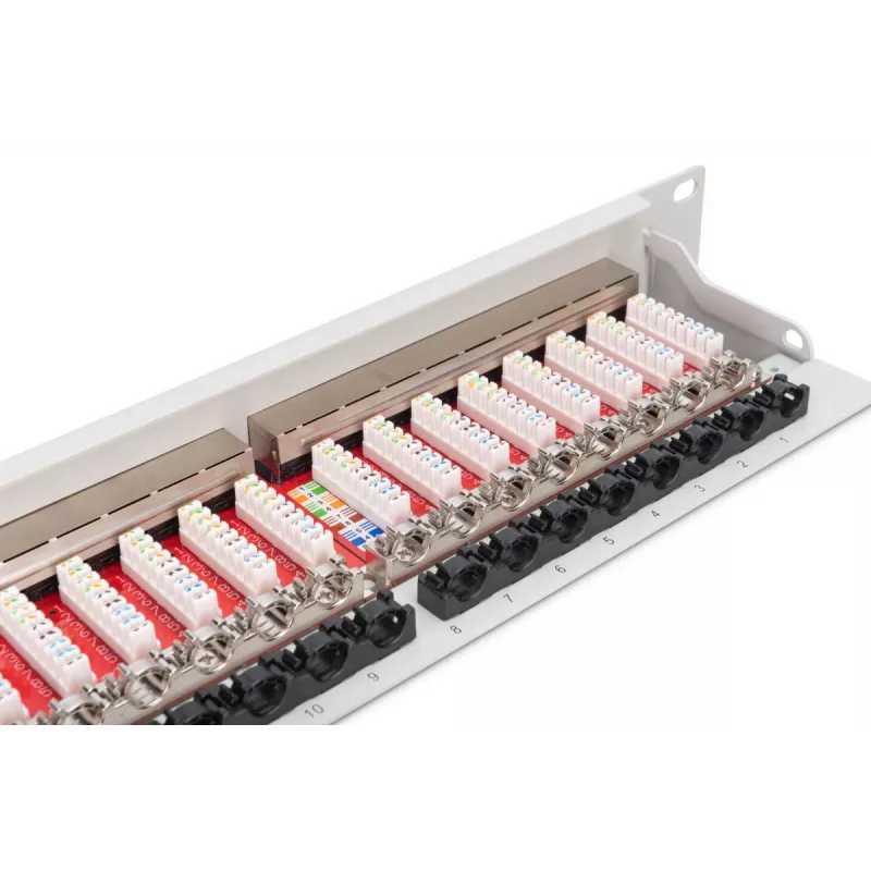 Panel krosowy DIGITUS, CAT6A ekranowany, 1U, 24-portowy, 8P8C, czarny RAL 9005, 483