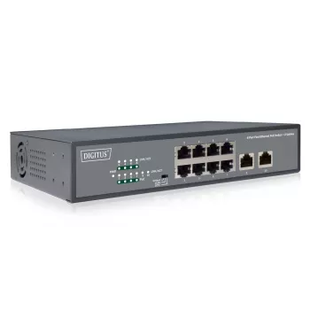 DIGITUS Fast Ethernet PoE af/at przełącznik 8-portowy + 2 uplinki, budżet mocy PoE 120 W, montaż w szafie rack