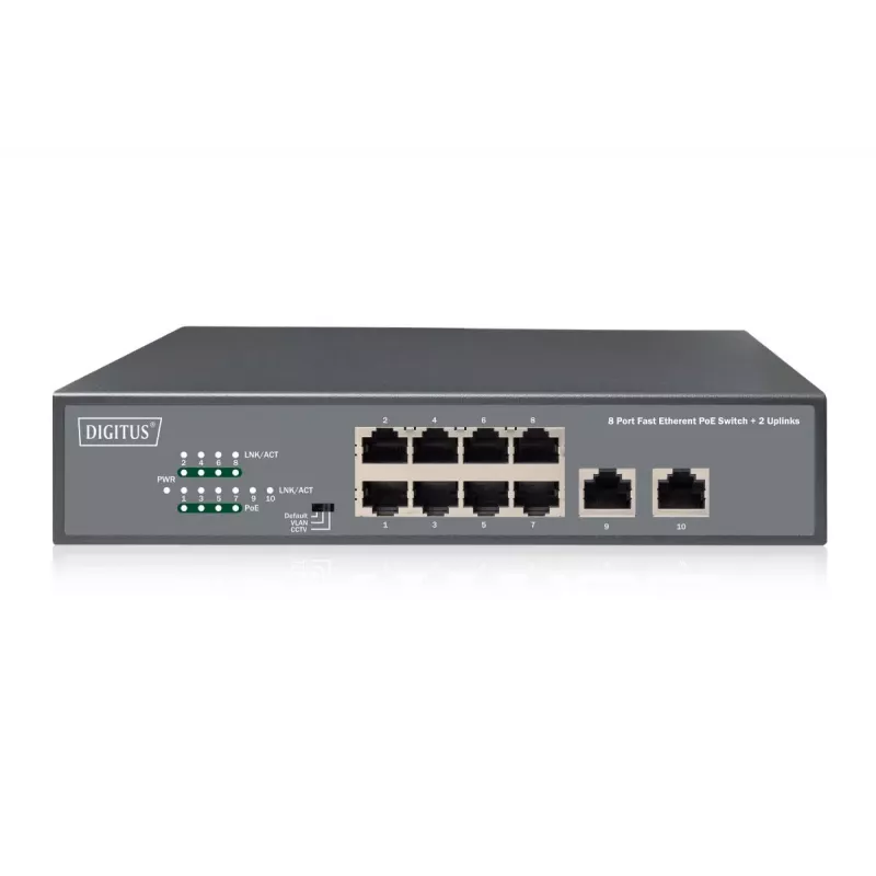 DIGITUS Fast Ethernet PoE af/at przełącznik 8-portowy + 2 uplinki, budżet mocy PoE 120 W, montaż w szafie rack