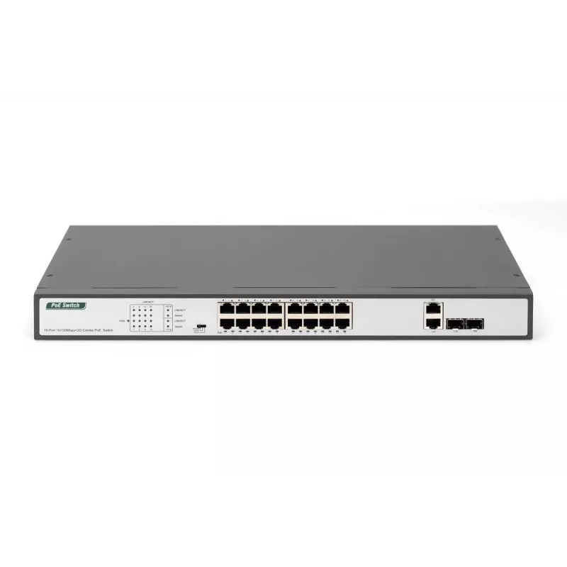 DIGITUS Fast Ethernet PoE Switch 16-port PoE + 2 Combo. 250W PoE budget