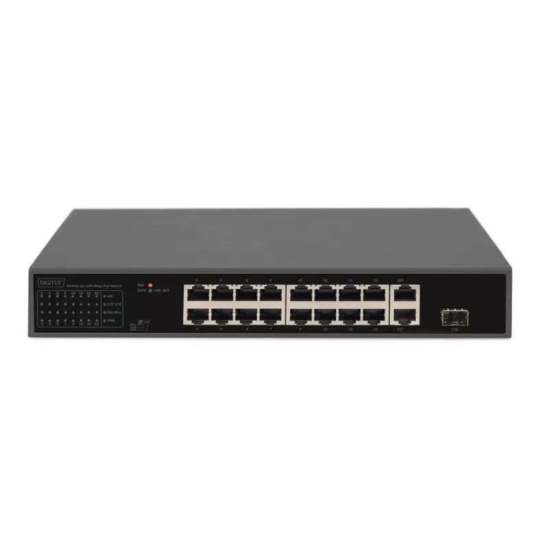 DIGITUS Przełącznik PoE 16 portów 10/100 Mbps 16 x10/100Mbps PoE RJ45 Porty,1x GE RJ45,1x SFP