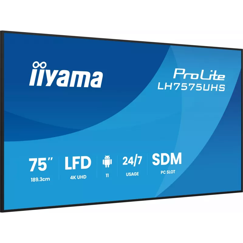 iiyama LH7575UHS-B2AG Wyświetlacz reklamowy Digital signage płaski panel 190,5 cm (75 cali) LCD Wi-Fi 500 cd/m² 4K Ultra HD Czarny Wbudowany procesor Android 11 24/7