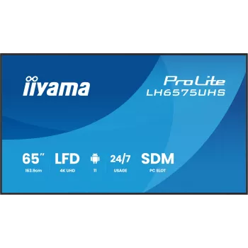 iiyama LH6575UHS-B2AG Wyświetlacz reklamowy Cyfrowy panel płaski 163.8 cm (64.5 cala) LCD Wi-Fi 500 cd/m² 4K Ultra HD Czarny Wbudowany procesor Android 11 24/7