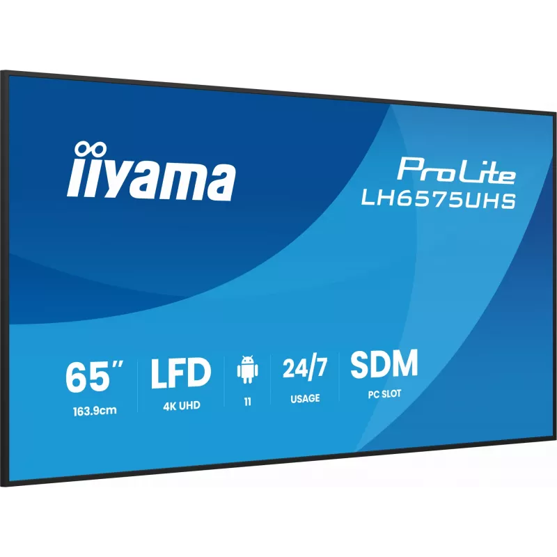 iiyama LH6575UHS-B2AG Wyświetlacz reklamowy Cyfrowy panel płaski 163.8 cm (64.5 cala) LCD Wi-Fi 500 cd/m² 4K Ultra HD Czarny Wbudowany procesor Android 11 24/7