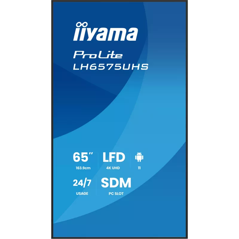 iiyama LH6575UHS-B2AG Wyświetlacz reklamowy Cyfrowy panel płaski 163.8 cm (64.5 cala) LCD Wi-Fi 500 cd/m² 4K Ultra HD Czarny Wbudowany procesor Android 11 24/7