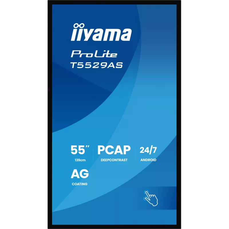 iiyama T5529AS-B1AG Wyświetlacz reklamowy Kiosk design 138,7 cm (54,6 cala) LED Wi-Fi 450 cd/m² 4K Ultra HD Czarny Dotykowy Wbudowany procesor Android 24/7