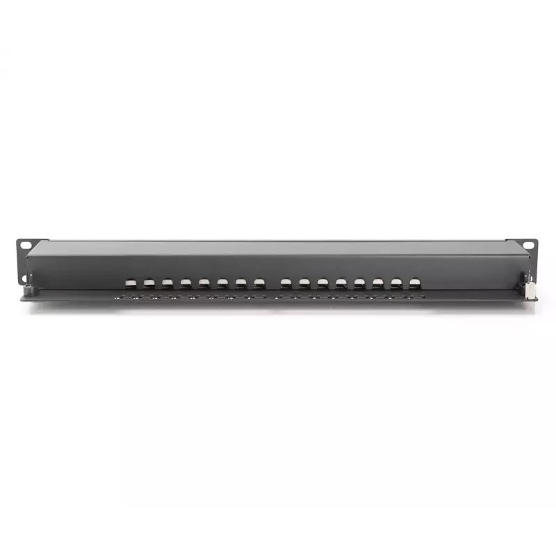 DIGITUS CAT6, Class E patch panel, ekranowany 16-portowy RJ45, 8P8C, LSA, 1U, montaż w szafie, kolor czarny RAL9005/482x44x109