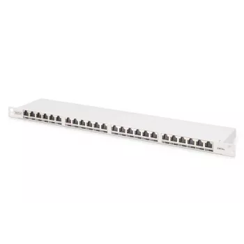 Panel krosowy DIGITUS CAT6A EA ekranowany, 24-portowy RJ45 z osłonami przeciwpyłowymi, 8P8C, 0,5U, szary RAL 7035