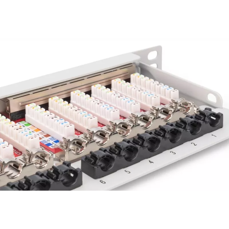 Panel krosowy DIGITUS CAT6A EA ekranowany, 24-portowy RJ45 z osłonami przeciwpyłowymi, 8P8C, 0,5U, szary RAL 7035