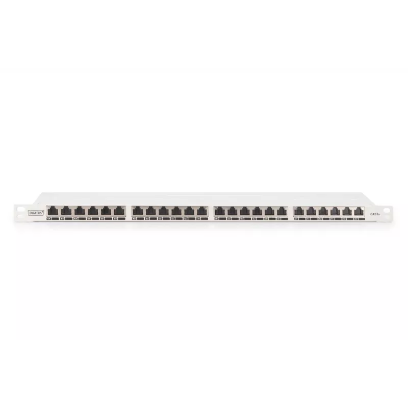 Panel krosowy DIGITUS CAT6A EA ekranowany, 24-portowy RJ45 z osłonami przeciwpyłowymi, 8P8C, 0,5U, szary RAL 7035