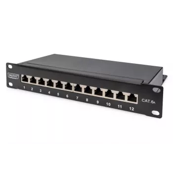 Panel krosowy DIGITUS CAT6A, ekranowany, 12-portowy z polem etykiet, 1U, montaż w szafie 10 inch, czarny RAL 9005