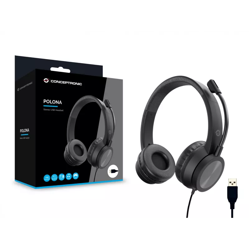 Conceptronic POLONA05B Stereofoniczny zestaw słuchawkowy USB, mikrofon z redukcją szumów