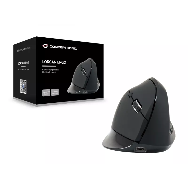 Conceptronic LORCAN ERGO 6-przyciskowa ergonomiczna mysz Bluetooth, dla praworęcznych, konstrukcja pionowa, optyczna, Bluetooth, 1600 DPI, czarna