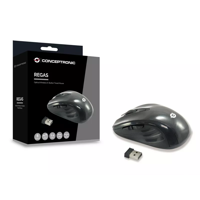Conceptronic CLLM5BTRVWL 6-przyciskowa bezprzewodowa mysz podróżna, praworęczna, optyczna, RF Wireless, 1600 DPI, czarna