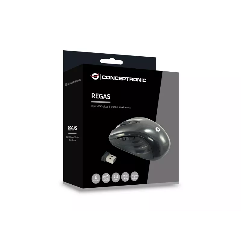 Conceptronic CLLM5BTRVWL 6-przyciskowa bezprzewodowa mysz podróżna, praworęczna, optyczna, RF Wireless, 1600 DPI, czarna
