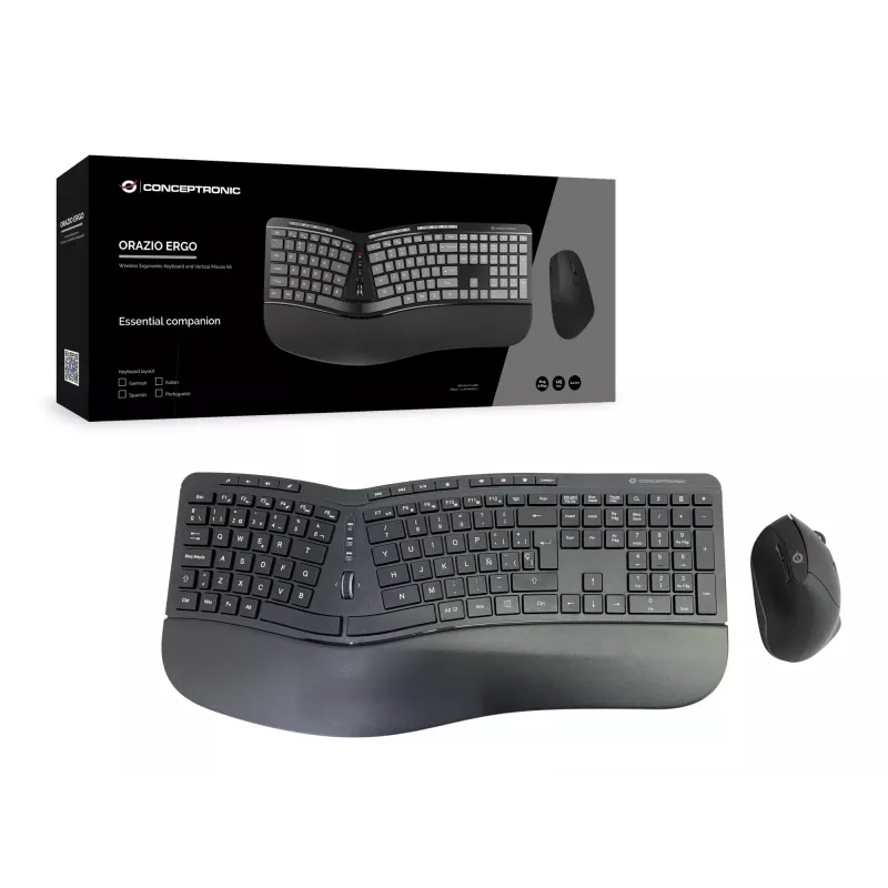 Conceptronic ORAZIO ERGO Bezprzewodowy ergonomiczny zestaw klawiatury i myszy, układ hiszpański