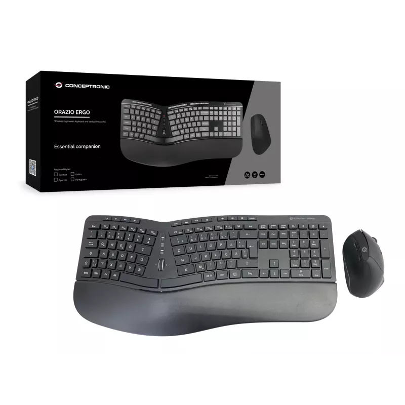 Conceptronic ORAZIO ERGO Bezprzewodowy ergonomiczny zestaw klawiatura i mysz, układ niemiecki