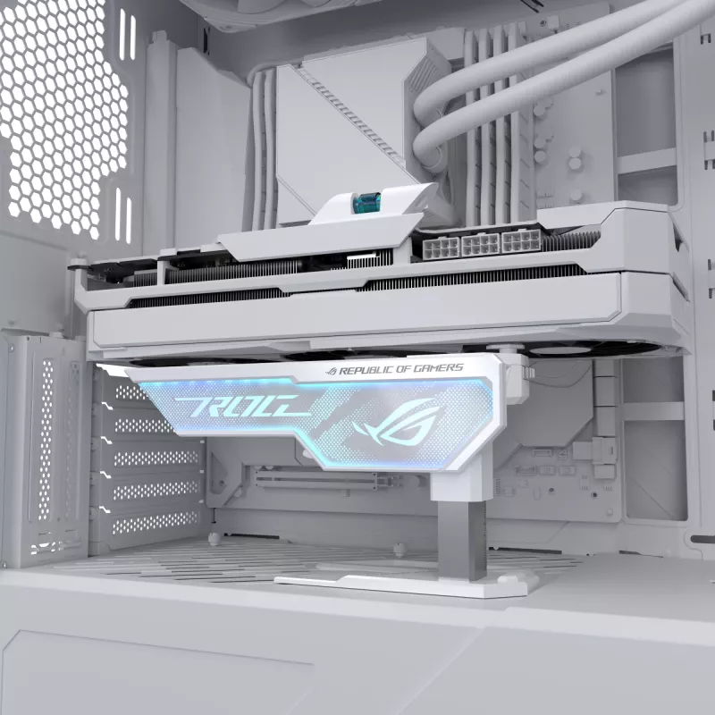 Uchwyt karty graficznej ASUS ROG Herculx Universal biały — długość 0,5 m, obsługuje 1 GPU, wielokolorowe oświetlenie