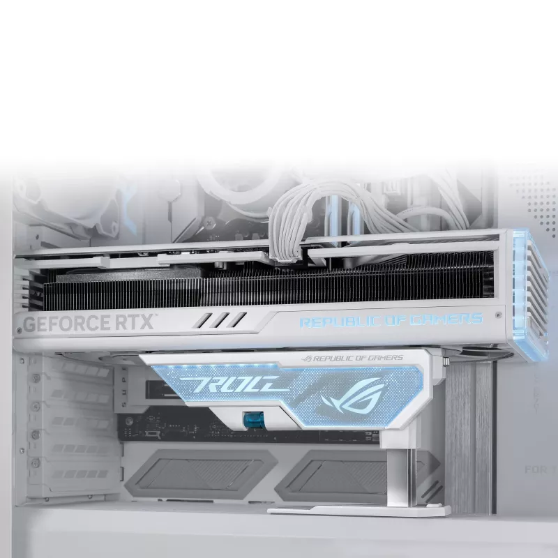 Uchwyt karty graficznej ASUS ROG Herculx Universal biały — długość 0,5 m, obsługuje 1 GPU, wielokolorowe oświetlenie