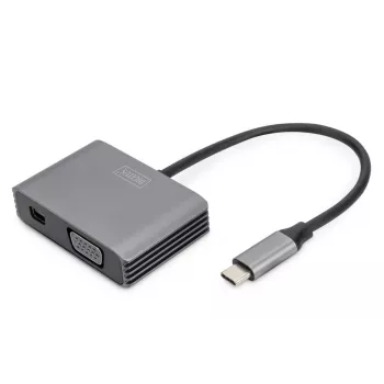 DIGITUS USB-C - mini DP + adapter VGA, 20 cm 4K/30 Hz, srebrny, obudowa aluminiowa