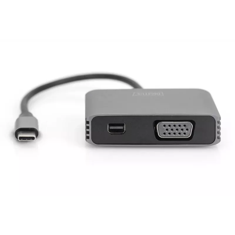 DIGITUS USB-C - mini DP + adapter VGA, 20 cm 4K/30 Hz, srebrny, obudowa aluminiowa
