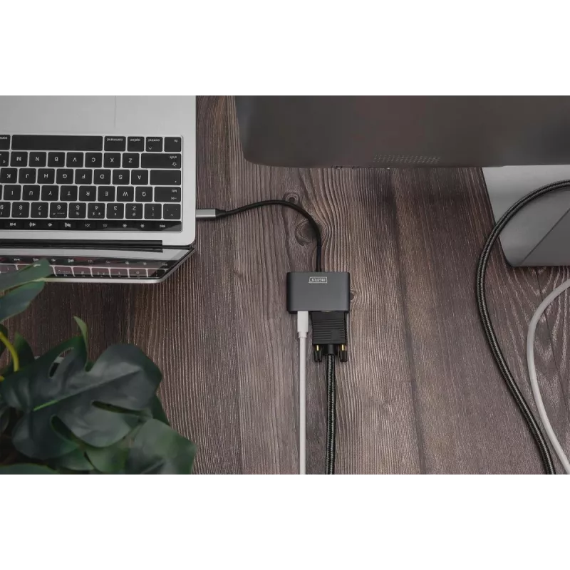 DIGITUS USB-C - mini DP + adapter VGA, 20 cm 4K/30 Hz, srebrny, obudowa aluminiowa