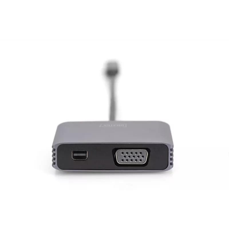 DIGITUS USB-C - mini DP + adapter VGA, 20 cm 4K/30 Hz, srebrny, obudowa aluminiowa