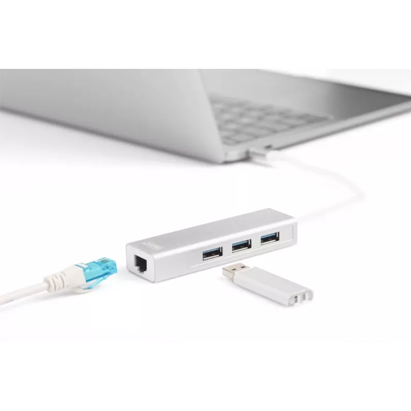 DIGITUS 3 Port USB 3.0 Type C Hub with Gigabit Ethernet 3x USB A/F,1xUSB C/M,1x RJ45 LAN