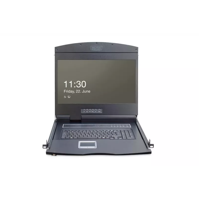 DIGITUS Modularized 48.3cm (19in) TFT console with 8 port Cat.5 KVM, RAL 9005 Czarny - Qwertzu German