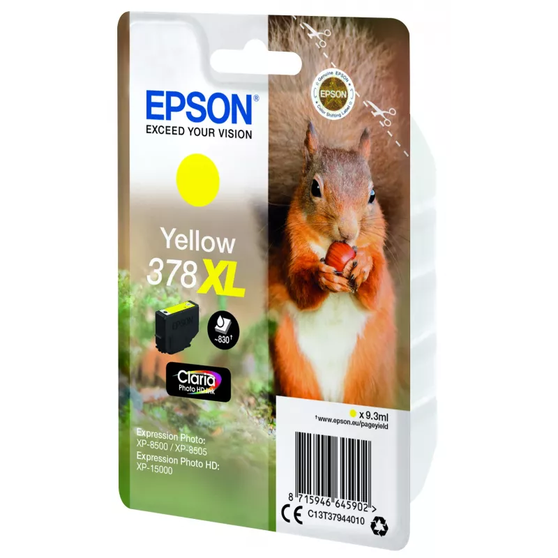 Epson Squirrel Singlepack żółty 378XL Claria Photo HD Ink, High (XL) Yield, żółty, atrament pigmentowy, 9.3 ml, 1 szt., 830 stron