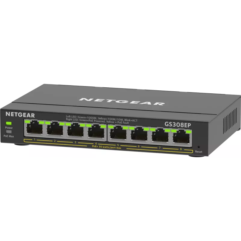 NETGEAR 8-Port Gigabit Ethernet PoE+ Plus Switch (GS308EP) Managed L2/L3 Gigabit Ethernet (10/100/1000) Power over Ethernet (PoE) Czarny