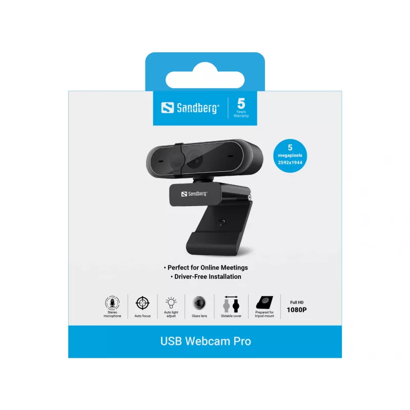 Sandberg USB Webcam Pro, 5 MP, 2592 x 1944 pikseli, Full HD, 30 kl./s, 1920x1080@30kl./s, 2595x1944@30kl./s, 1080p