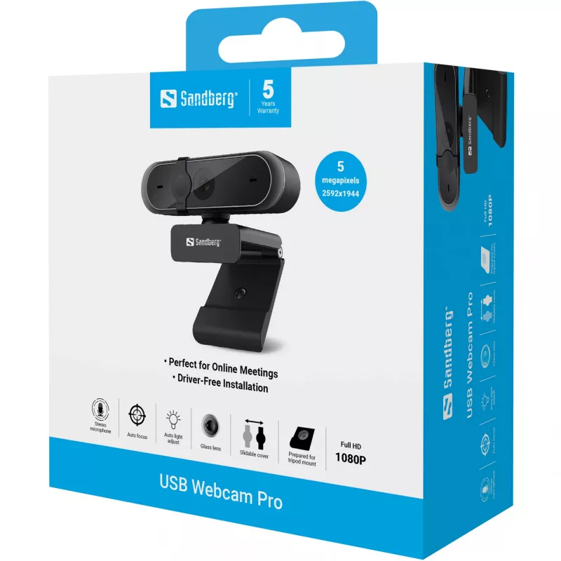 Sandberg USB Webcam Pro, 5 MP, 2592 x 1944 pikseli, Full HD, 30 kl./s, 1920x1080@30kl./s, 2595x1944@30kl./s, 1080p